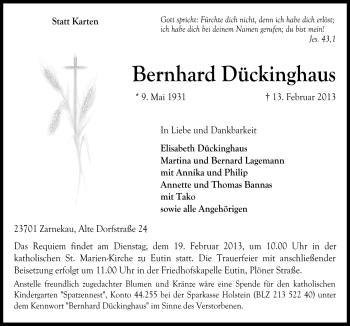 Traueranzeige von Bernhard Dückinghaus von Neue Osnabrücker Zeitung GmbH & Co. KG
