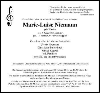 Traueranzeige von Marie-Luise Niemann von Neue Osnabrücker Zeitung GmbH & Co. KG