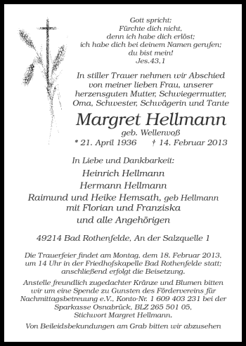 Traueranzeige von Margret Hellmann von Neue Osnabrücker Zeitung GmbH & Co. KG