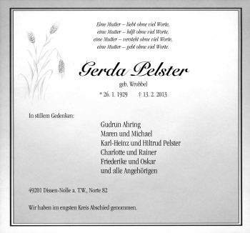 Traueranzeige von Gerda Pelster von Neue Osnabrücker Zeitung GmbH & Co. KG