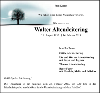 Traueranzeige von Walter Altendeitering von Neue Osnabrücker Zeitung GmbH & Co. KG