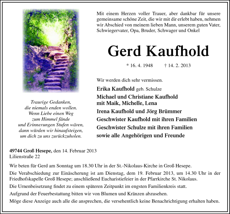  Traueranzeige für Gerd Kaufhold vom 16.02.2013 aus Neue Osnabrücker Zeitung GmbH & Co. KG