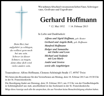 Traueranzeige von Gerhard Hoffmann von Neue Osnabrücker Zeitung GmbH & Co. KG