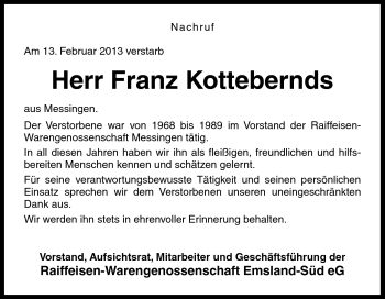 Traueranzeige von Franz Kottebernds von Neue Osnabrücker Zeitung GmbH & Co. KG