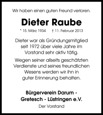 Traueranzeige von Dieter Raube von Neue Osnabrücker Zeitung GmbH & Co. KG