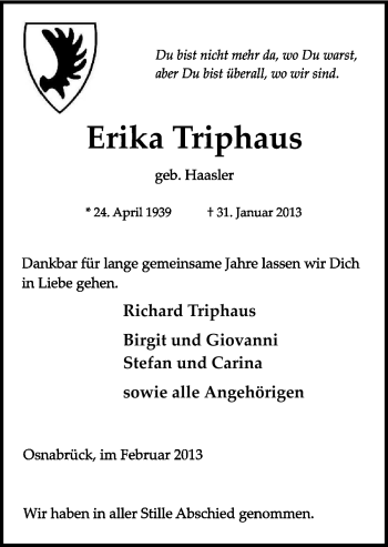 Traueranzeige von Erika Triphaus von Neue Osnabrücker Zeitung GmbH & Co. KG