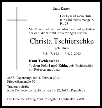 Traueranzeige von Christa Tschierschke von Neue Osnabrücker Zeitung GmbH & Co. KG