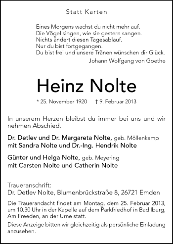 Traueranzeige von Heinz Nolte von Neue Osnabrücker Zeitung GmbH & Co. KG