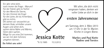 Traueranzeige von Jessica Kotte von Neue Osnabrücker Zeitung GmbH & Co. KG