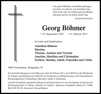 Traueranzeige von Georg Böhmer von Neue Osnabrücker Zeitung GmbH & Co. KG
