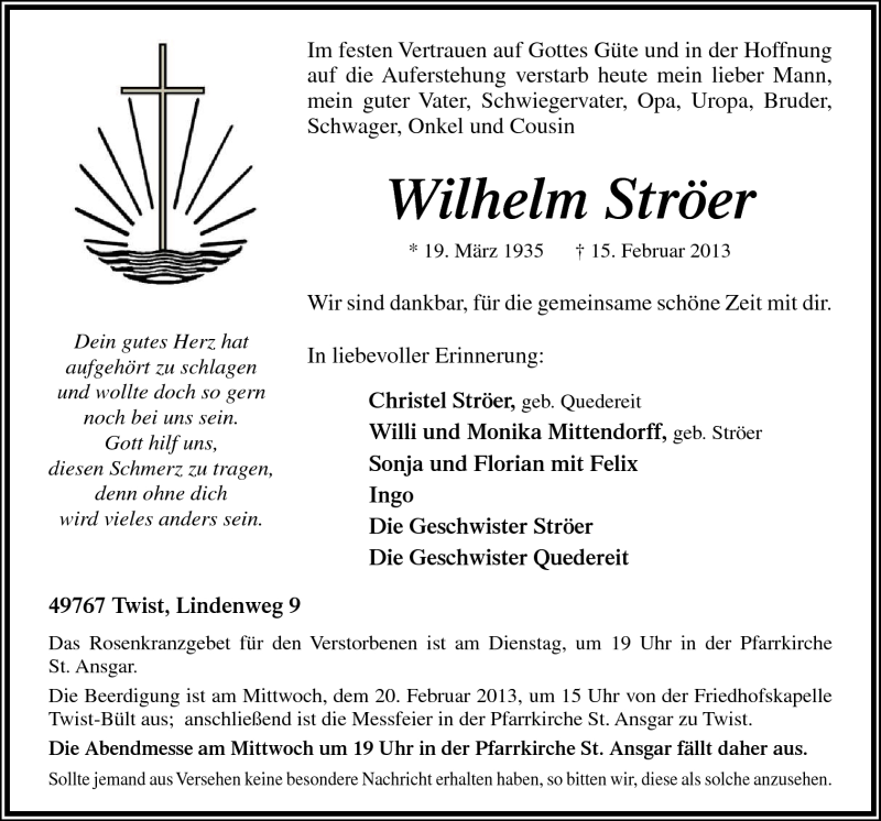  Traueranzeige für Wilhelm Ströer vom 18.02.2013 aus Neue Osnabrücker Zeitung GmbH & Co. KG