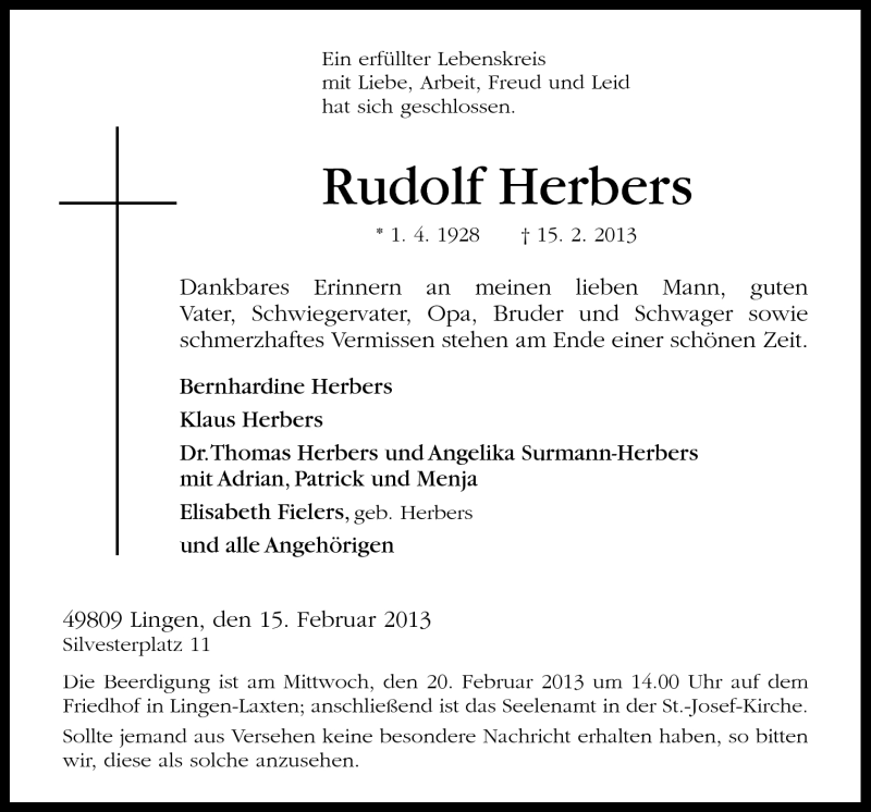  Traueranzeige für Rudolf Herbers vom 18.02.2013 aus Neue Osnabrücker Zeitung GmbH & Co. KG
