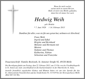 Traueranzeige von Hedwig Weih von Neue Osnabrücker Zeitung GmbH & Co. KG