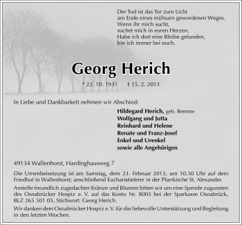 Traueranzeige von Georg Herich von Neue Osnabrücker Zeitung GmbH & Co. KG