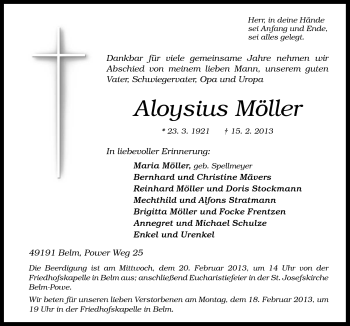 Traueranzeige von Aloysius Möller von Neue Osnabrücker Zeitung GmbH & Co. KG