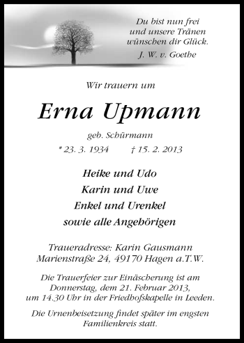 Traueranzeige von Erna Upmann von Neue Osnabrücker Zeitung GmbH & Co. KG