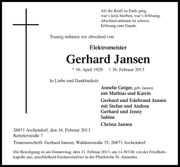 Traueranzeige von Gerhard Jansen von Neue Osnabrücker Zeitung GmbH & Co. KG