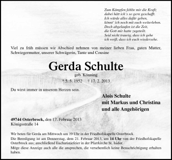 Traueranzeige von Gerda Schulte von Neue Osnabrücker Zeitung GmbH & Co. KG