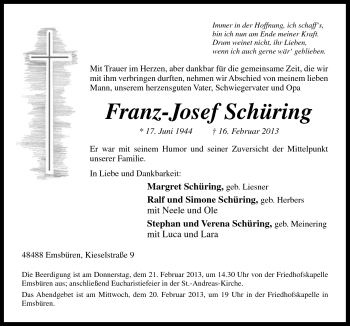 Traueranzeige von Franz-Josef Schüring von Neue Osnabrücker Zeitung GmbH & Co. KG