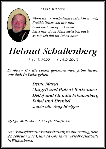 Traueranzeige von Helmut Schallenberg von Neue Osnabrücker Zeitung GmbH & Co. KG