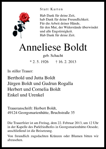 Traueranzeige von Anneliese Boldt von Neue Osnabrücker Zeitung GmbH & Co. KG