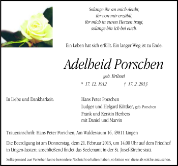 Traueranzeige von Adelheid Porschen von Neue Osnabrücker Zeitung GmbH & Co. KG