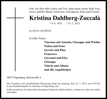Traueranzeige von Kristina Dahlberg-Zuccala von Neue Osnabrücker Zeitung GmbH & Co. KG