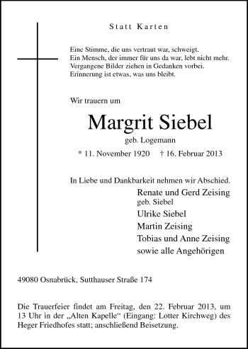 Traueranzeige von Margrit Siebel von Neue Osnabrücker Zeitung GmbH & Co. KG