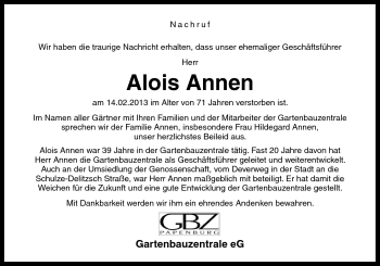 Traueranzeige von Alois Annen von Neue Osnabrücker Zeitung GmbH & Co. KG