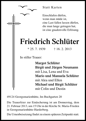 Traueranzeige von Friedrich Schlüter von Neue Osnabrücker Zeitung GmbH & Co. KG