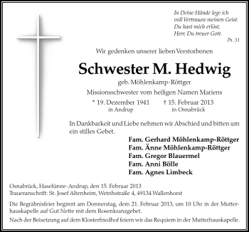 Traueranzeige von M. Hedwig von Neue Osnabrücker Zeitung GmbH & Co. KG