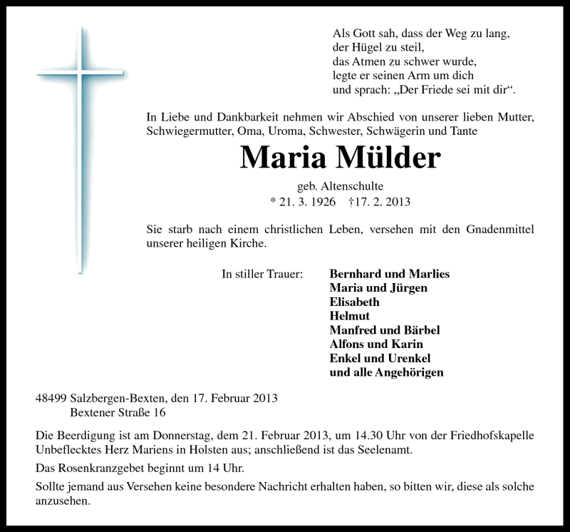  Traueranzeige für Maria Mülder vom 19.02.2013 aus Neue Osnabrücker Zeitung GmbH & Co. KG