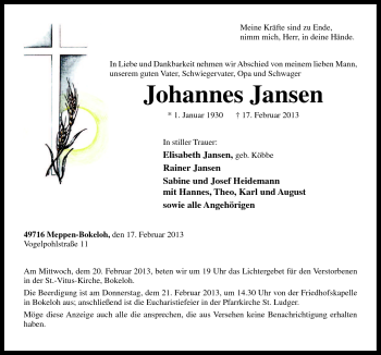 Traueranzeige von Johannes Jansen von Neue Osnabrücker Zeitung GmbH & Co. KG