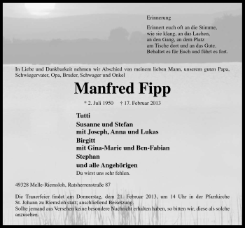 Traueranzeige von Manfred Fipp von Neue Osnabrücker Zeitung GmbH & Co. KG