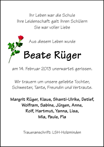 Traueranzeige von Beate Rüger von Neue Osnabrücker Zeitung GmbH & Co. KG