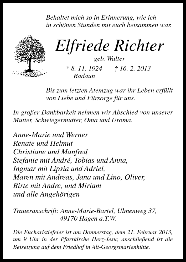  Traueranzeige für Elfriede Richter vom 19.02.2013 aus Neue Osnabrücker Zeitung GmbH & Co. KG