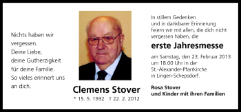 Traueranzeige von Clemens Stover von Neue Osnabrücker Zeitung GmbH & Co. KG