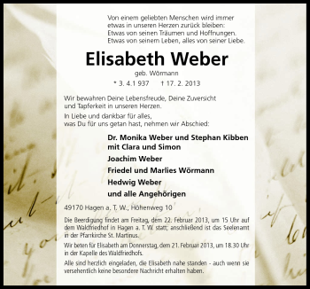Traueranzeige von Elisabeth Weber von Neue Osnabrücker Zeitung GmbH & Co. KG