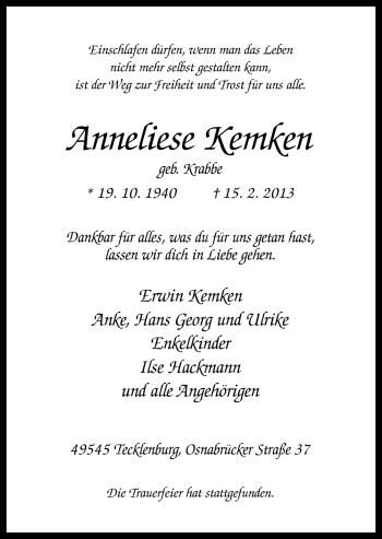 Traueranzeige von Anneliese Kemken von Neue Osnabrücker Zeitung GmbH & Co. KG