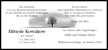 Traueranzeige von Elfriede Kowaljow von Neue Osnabrücker Zeitung GmbH & Co. KG