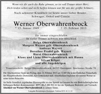 Traueranzeige von Werner Oberwahrenbrock von Neue Osnabrücker Zeitung GmbH & Co. KG
