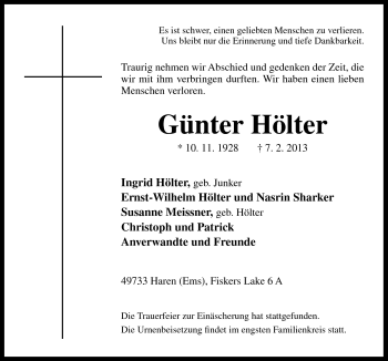 Traueranzeige von Günter Hölter von Neue Osnabrücker Zeitung GmbH & Co. KG