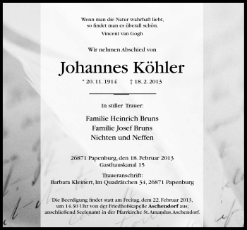 Traueranzeige von Johannes Köhler von Neue Osnabrücker Zeitung GmbH & Co. KG
