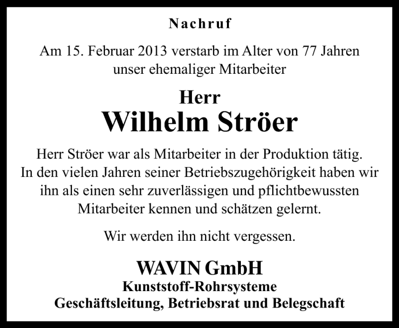  Traueranzeige für Wilhelm Ströer vom 21.02.2013 aus Neue Osnabrücker Zeitung GmbH & Co. KG
