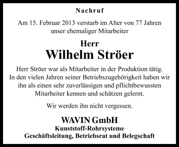 Traueranzeige von Wilhelm Ströer von Neue Osnabrücker Zeitung GmbH & Co. KG