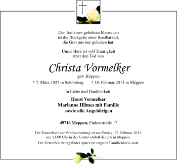 Traueranzeige von Christa Vormelker von Neue Osnabrücker Zeitung GmbH & Co. KG