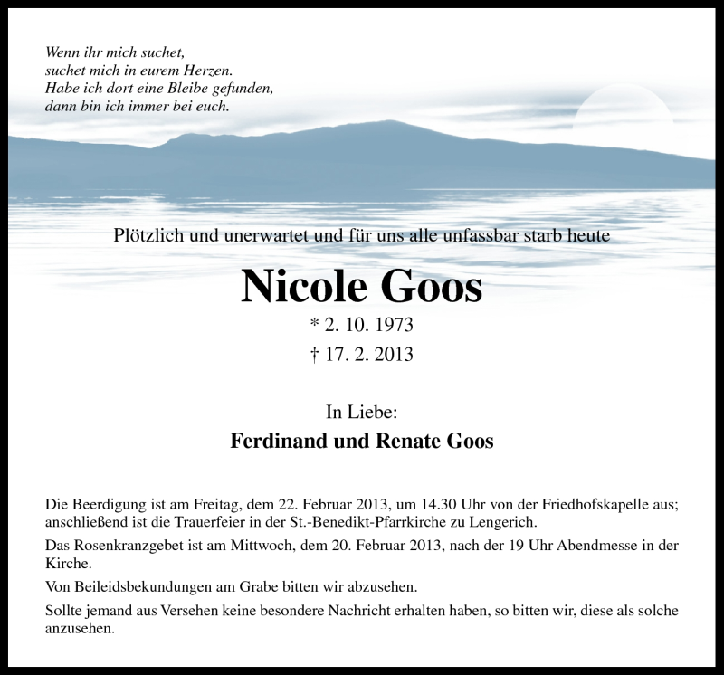  Traueranzeige für Nicole Goos vom 20.02.2013 aus Neue Osnabrücker Zeitung GmbH & Co. KG
