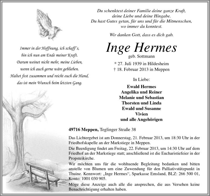  Traueranzeige für Inge Hermes vom 20.02.2013 aus Neue Osnabrücker Zeitung GmbH & Co. KG