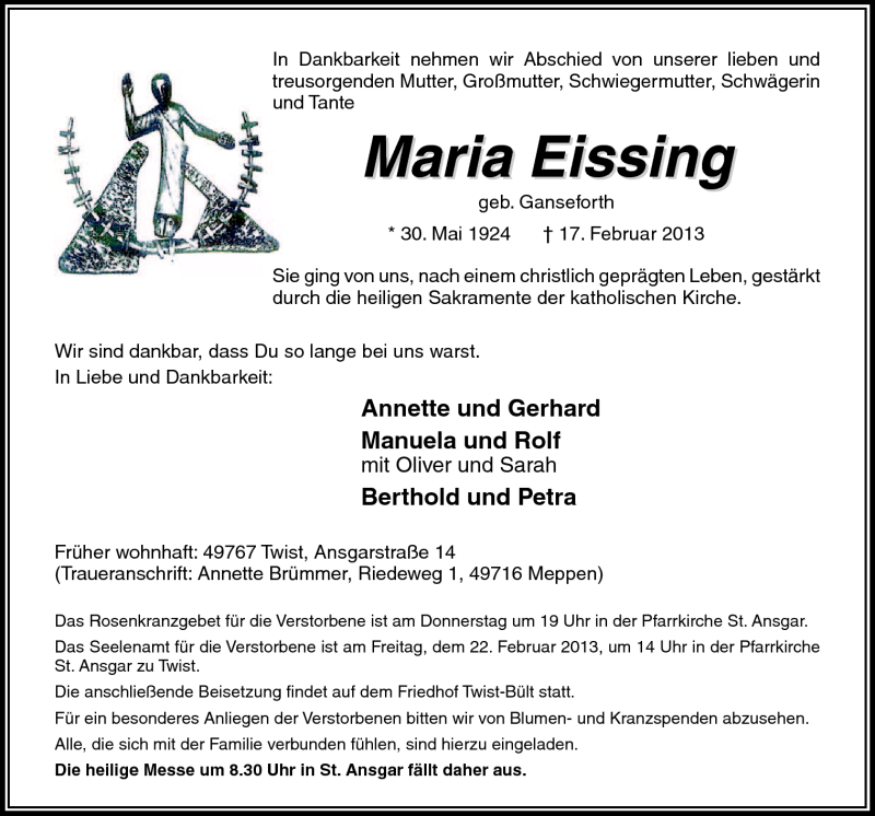  Traueranzeige für Maria Eissing vom 20.02.2013 aus Neue Osnabrücker Zeitung GmbH & Co. KG