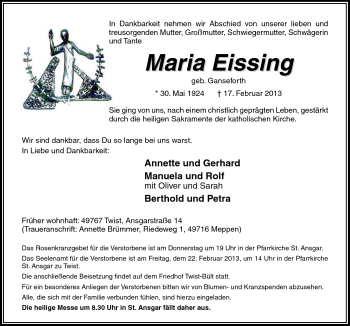 Traueranzeige von Maria Eissing von Neue Osnabrücker Zeitung GmbH & Co. KG